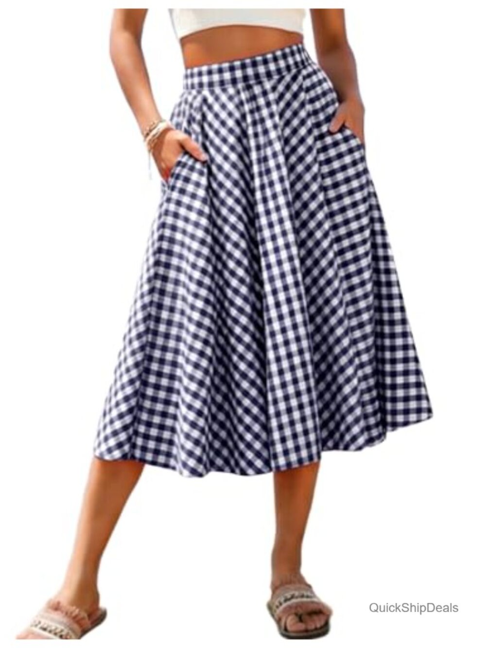 Women's Gingham Plaid Midi Skirt Elastic High Waist Pleated A-Line Flowy with